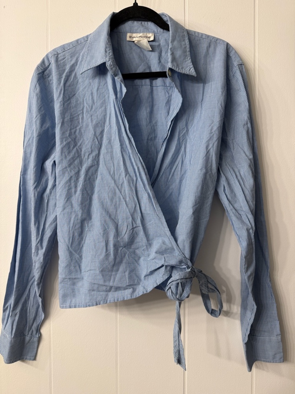 Blue Gingham Wrap Top Tie Front Cropped Button Down Shirt Small